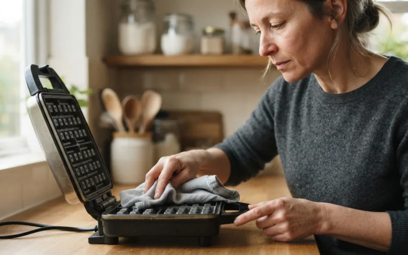 a person cleaning a waffle maker with a cloth