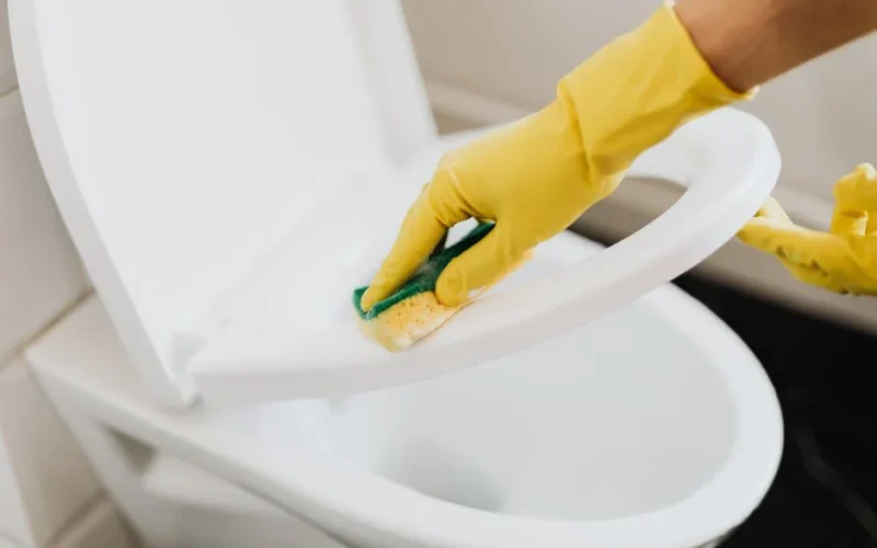 From above of crop faceless person in yellow rubber cleaning gloves cleaning plastic toilet seat properly with sponge in restroom