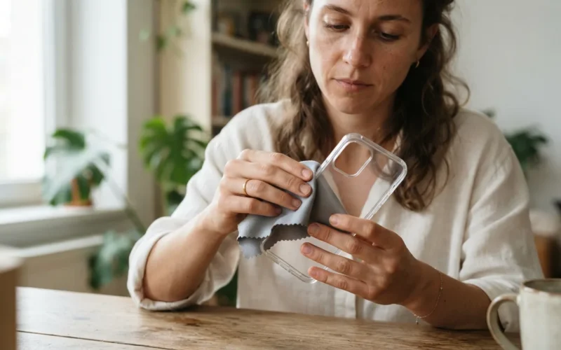 a person cleaning a clear phone case with a cloth