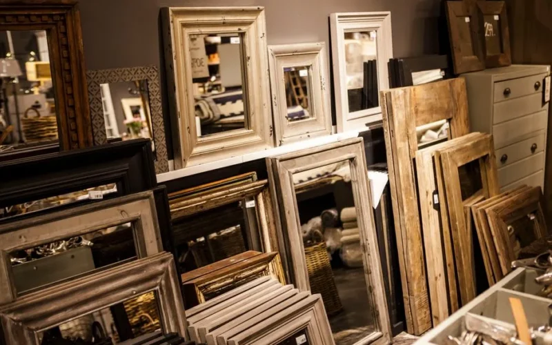 A collection of vintage-style mirror frames on display in a cozy interior shop setup.