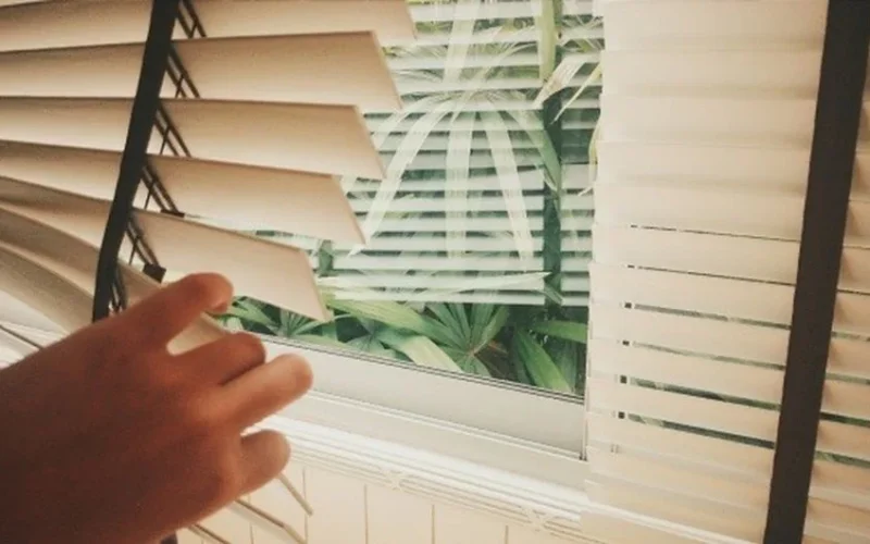 Hand adjusting window blinds with lush green foliage outside, creating a serene atmosphere.