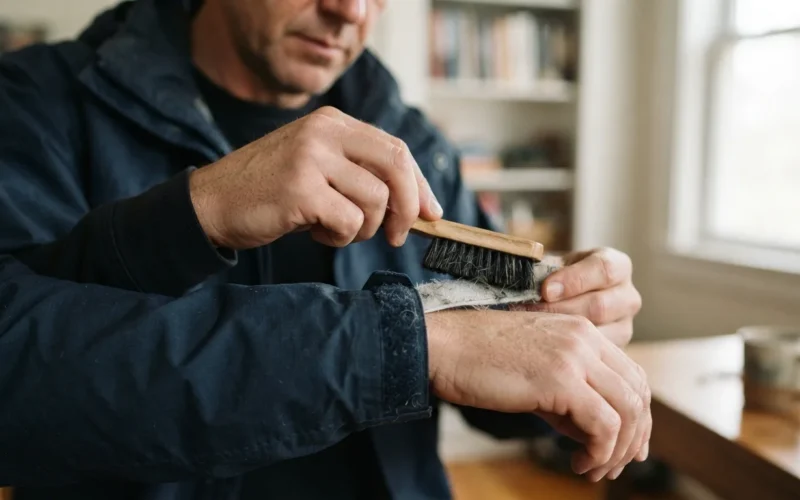 a person cleaning the hook-and-loop fastener on a jacket or shoe