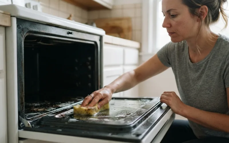 a person wiping the inside of an oven with a sponge