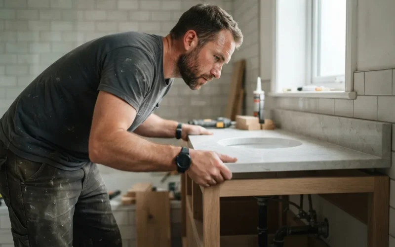 a person installing a bathroom countertop