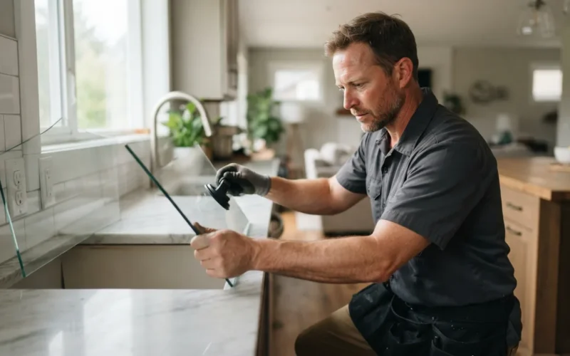 a person installing a glass panel in a kitchen