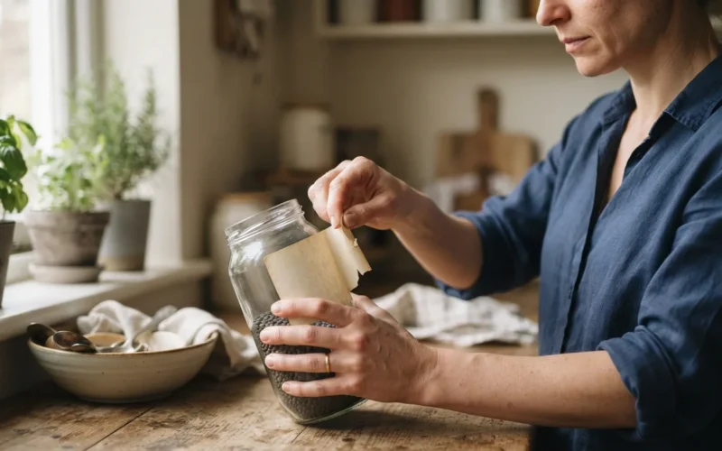 a person peeling a label off a glass jar in a kitchen