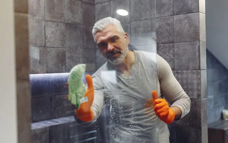 Grey haired male with beard in orange rubber gloves attentively cleaning shower glass in bathroom