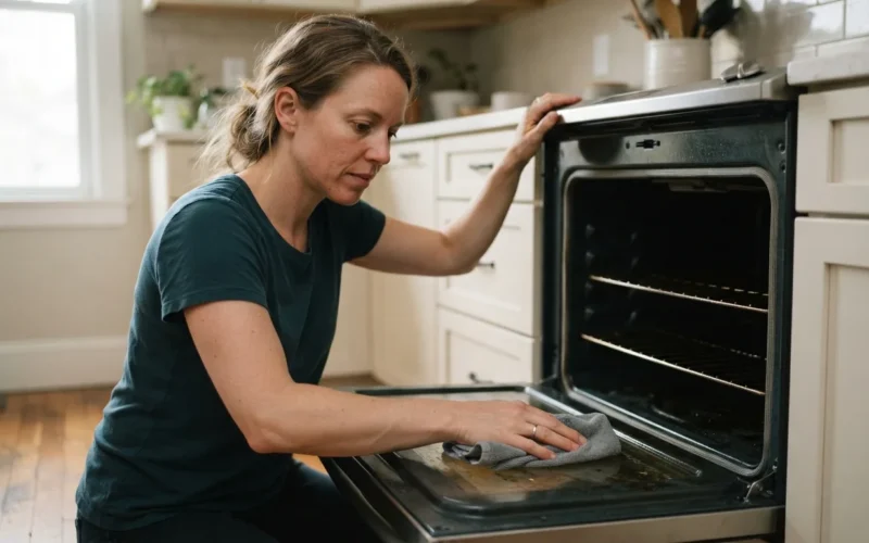 a person wiping the inside of an oven door