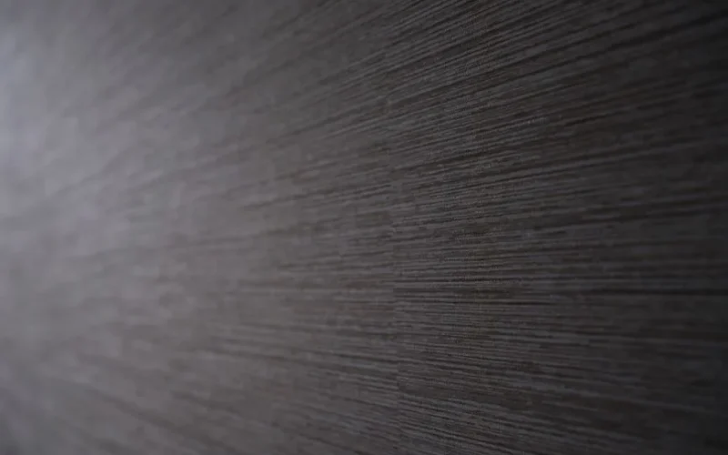 Close-up of textured gray wallpaper featuring subtle horizontal lines creating a modern pattern.