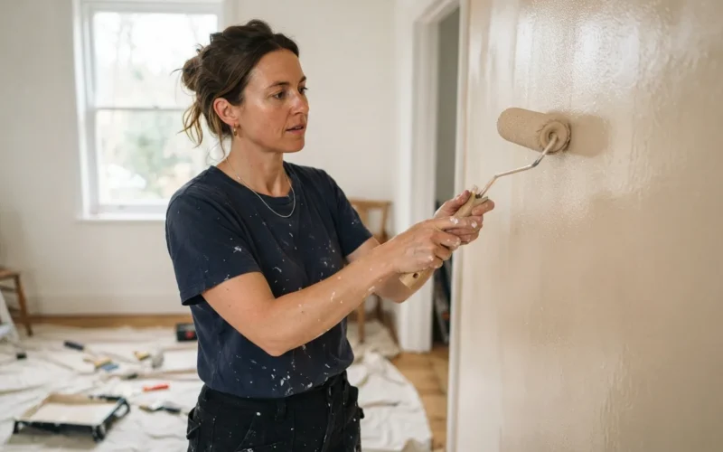 a woman painting a wall with a roller