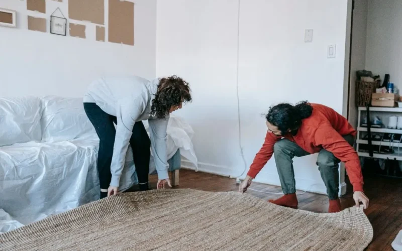Couple arranging a rug in their contemporary apartment living room, teamwork concept.