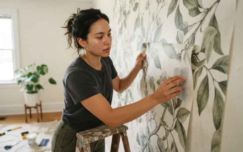 a person installing a wall mural
