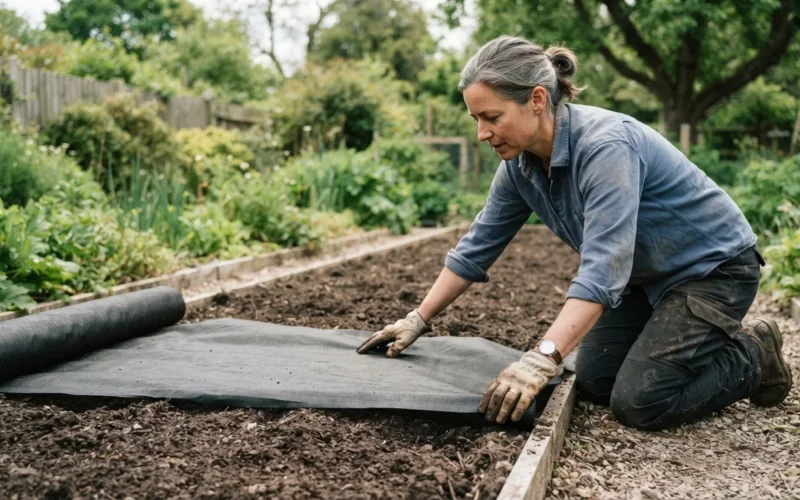 a gardener spreading fabric on a garden bed
