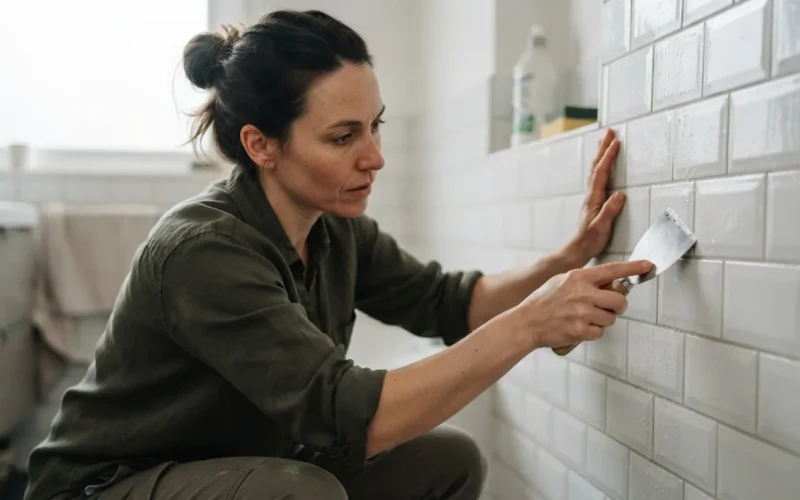 a person cleaning a ceramic tile with a scraper