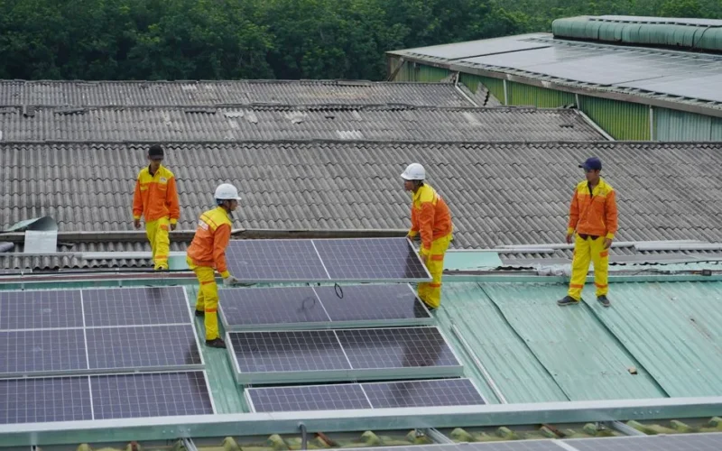Workers installing solar panels on a roof for sustainable energy solutions.