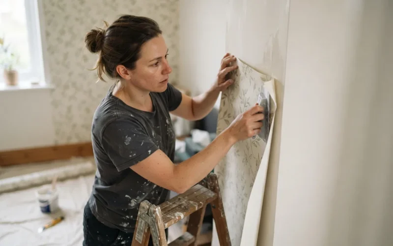 a person applying wallpaper to an interior wall corner