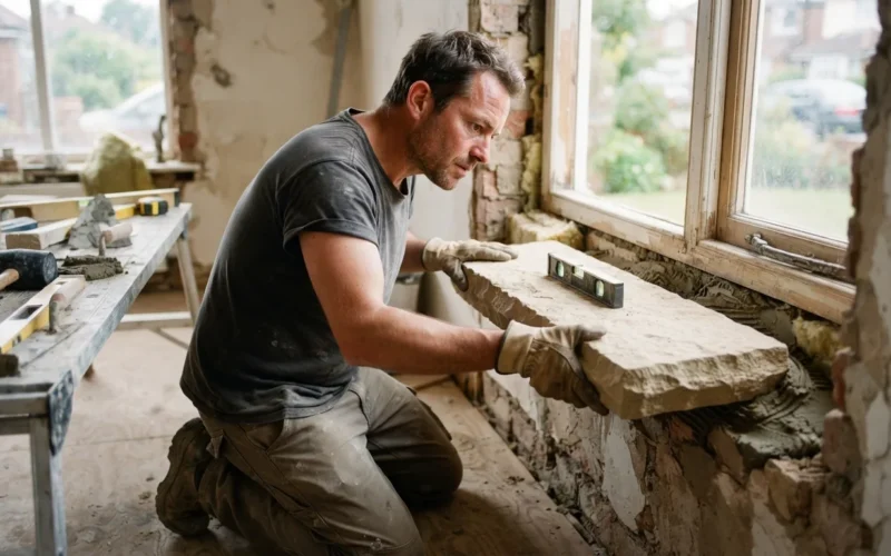 a person installing a stone window sill