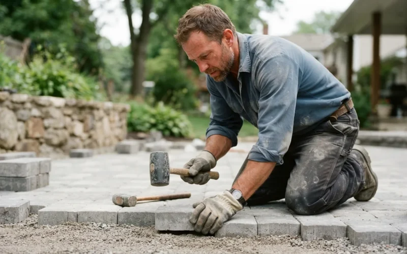 a person installing paving stones outdoors