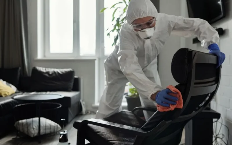 Person wearing PPE cleaning an armchair indoors, emphasizing pandemic hygiene and safety.
