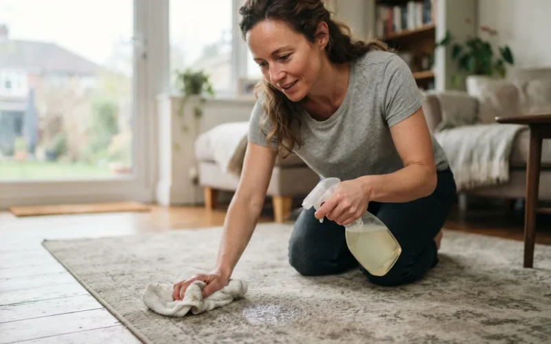 a person cleaning a carpet at home with a spray bottle