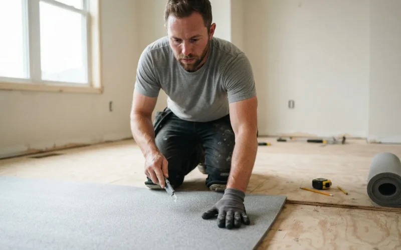 a person installing flooring underlayment in a room