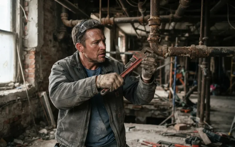 a worker removing old pipes in a renovation site