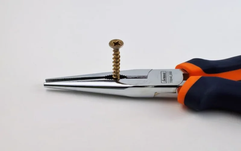 High-quality image of long nose pliers gripping a metal screw on a neutral background.