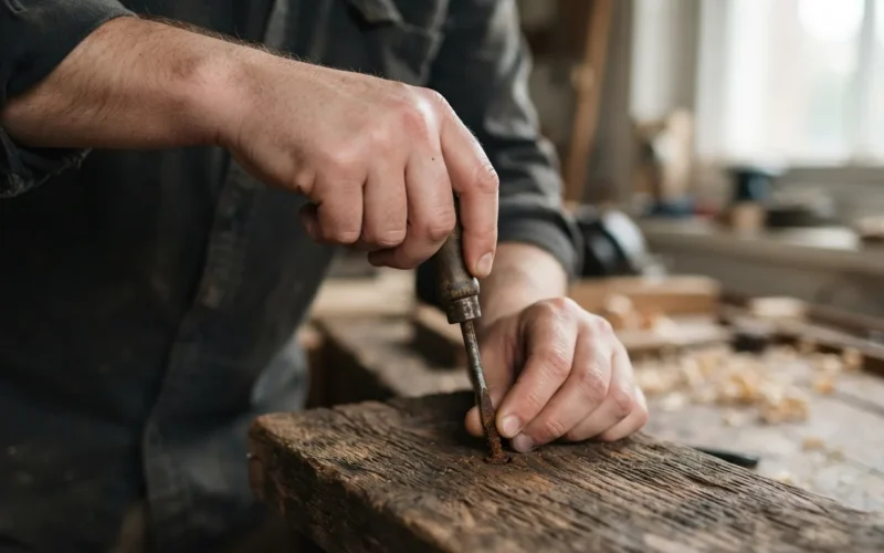 a person using a screwdriver on a rusty screw in a piece of wood