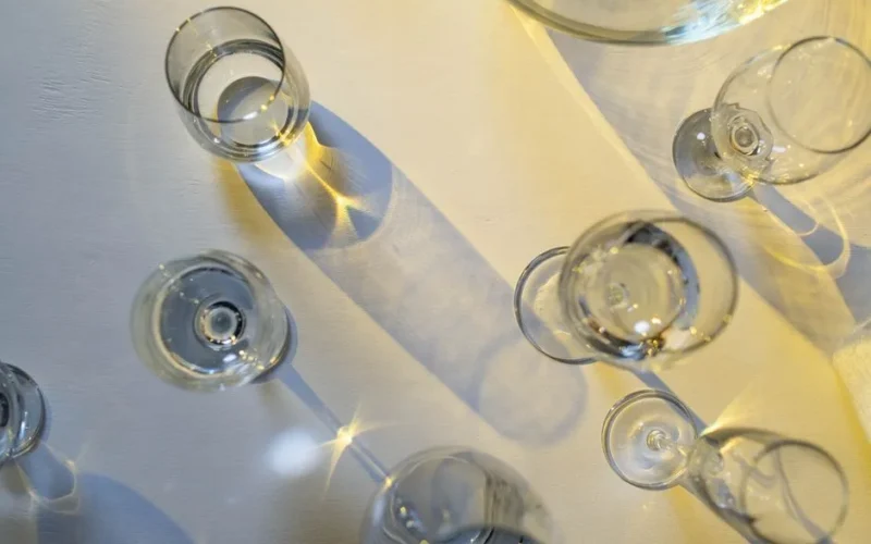 Crystal glasses on a table casting intricate shadows in sunlight, creating an artistic effect.