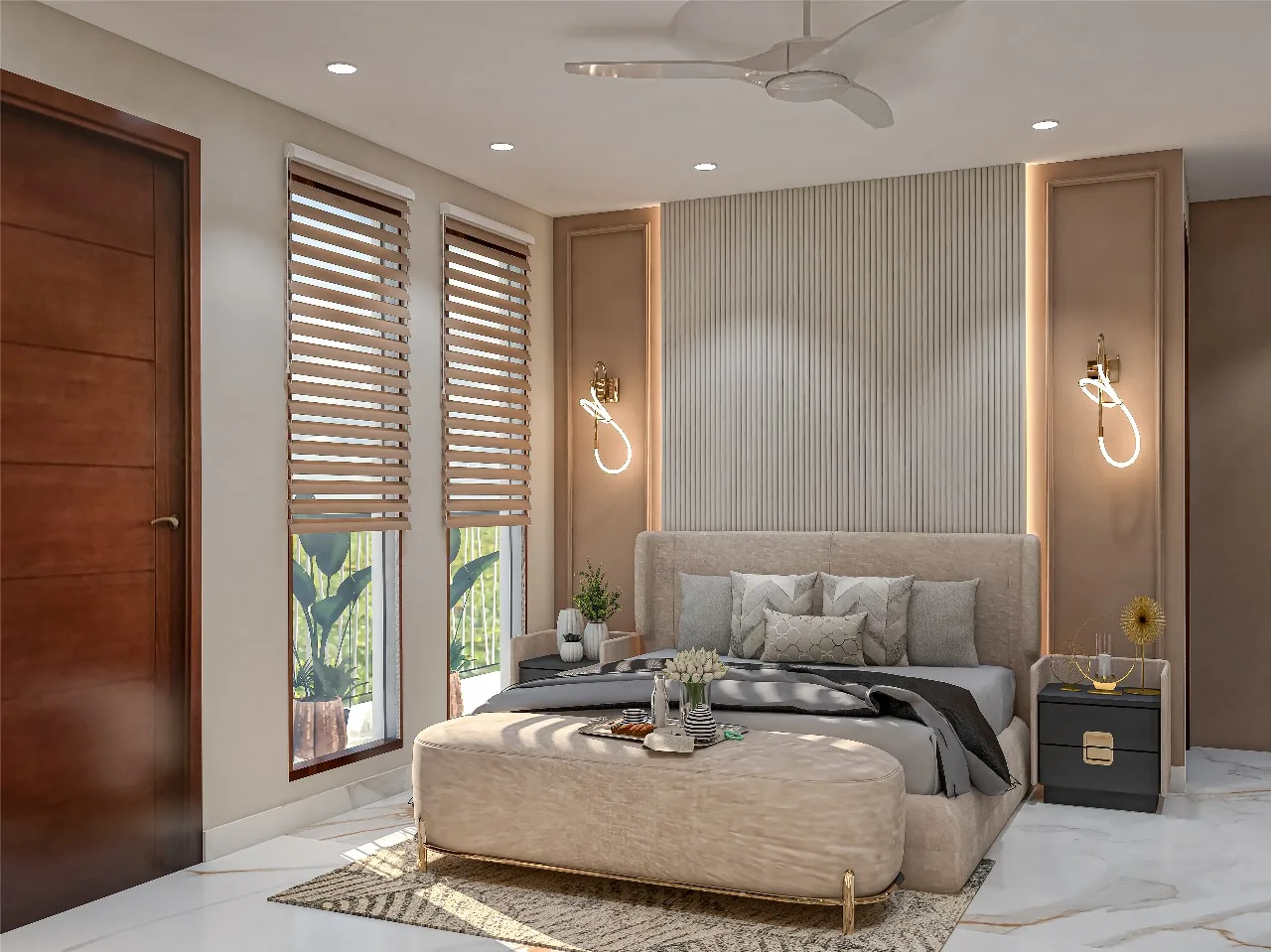 A calm and well-balanced bedroom designed with soft neutral tones, comfortable furniture, and gentle lighting for everyday relaxation.
