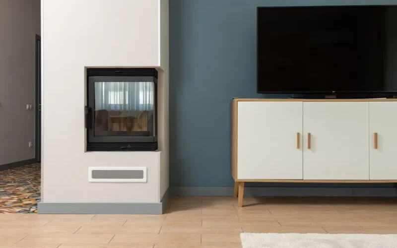 Modern design of contemporary apartment with big TV set placed on white stand near fireplace mounted in construction box