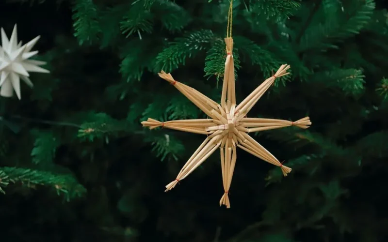 A handcrafted straw ornament resembling a star hangs on a Christmas tree branch.