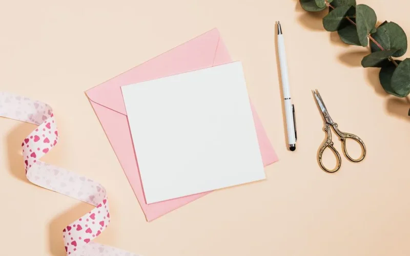 Flat lay of stationery including pink envelopes, scissors, and leaves on a pastel background.