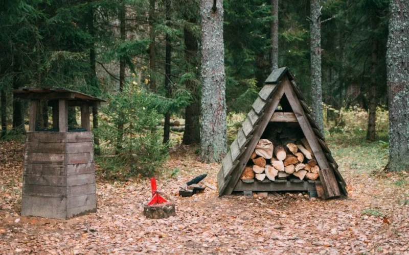 A tranquil autumn forest with a woodpile, wooden shelter, and leaves on the ground.