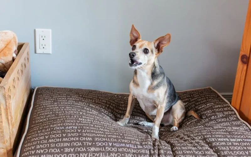 A Chihuahua mix dog sits on a patterned brown pet bed indoors in Montreal.