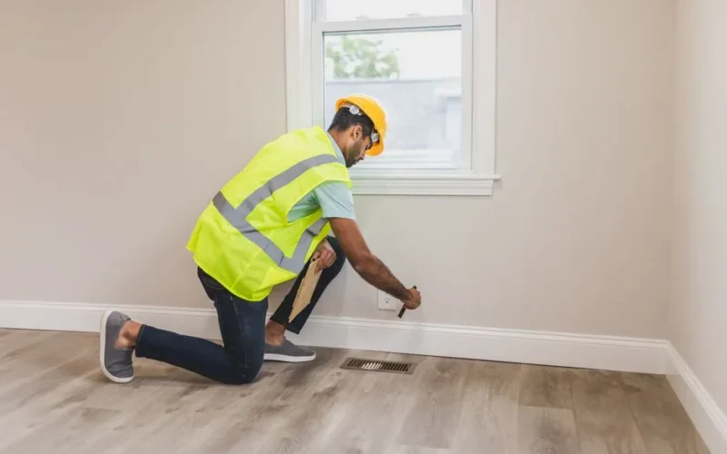 Worker in safety gear inspecting a room's corner for renovation or improvement.