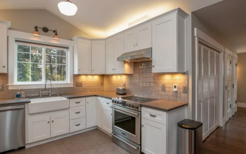 Bright and spacious kitchen with white cabinetry and sleek appliances.