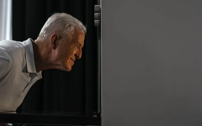 Senior man peeking into oven with excitement, showcasing curiosity and anticipation.