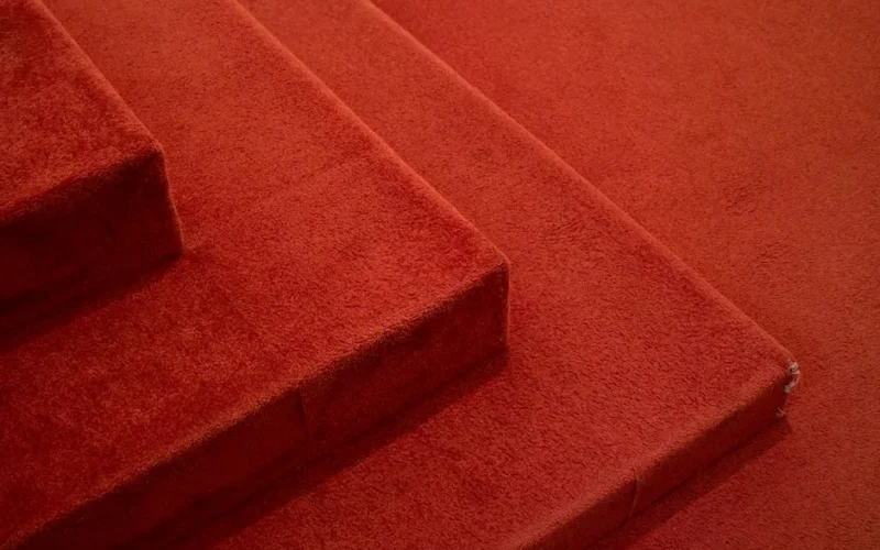 Detailed view of red carpeted stairs, highlighting texture and design.