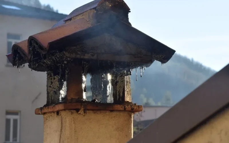Close-up of a brick chimney stack releasing smoke, highlighting urban architecture.