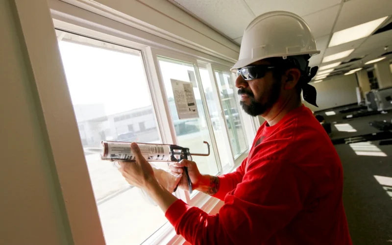 NORCO, Calif. (Aug. 9, 2010) A construction worker installs new energy-efficient windows in Bldg. 519 at Naval Surface Warfare Center, Corona Division. Renovations include insulation of exterior walls, water-conservation plumbing fixtures, improved energy-efficient lighting and use of recycled materials. (U.S. Navy photo by Greg Vojtko/Released)