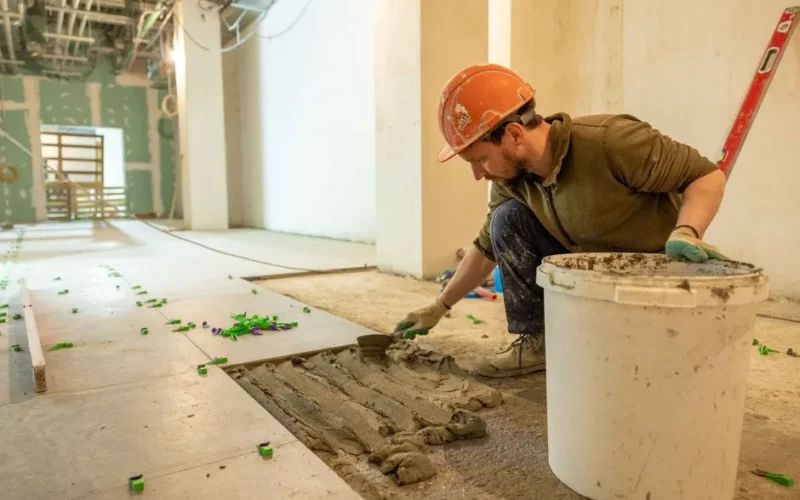A construction worker lays tiles in an indoor renovation project, wearing safety gear.