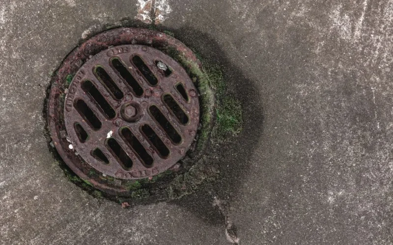 Close-up photo of a rusty drain grate with moss, offering a textured urban look.